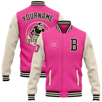 Custom Pink Black-Cream Bomber Full-Snap Varsity Letterman Two Tone Jacket