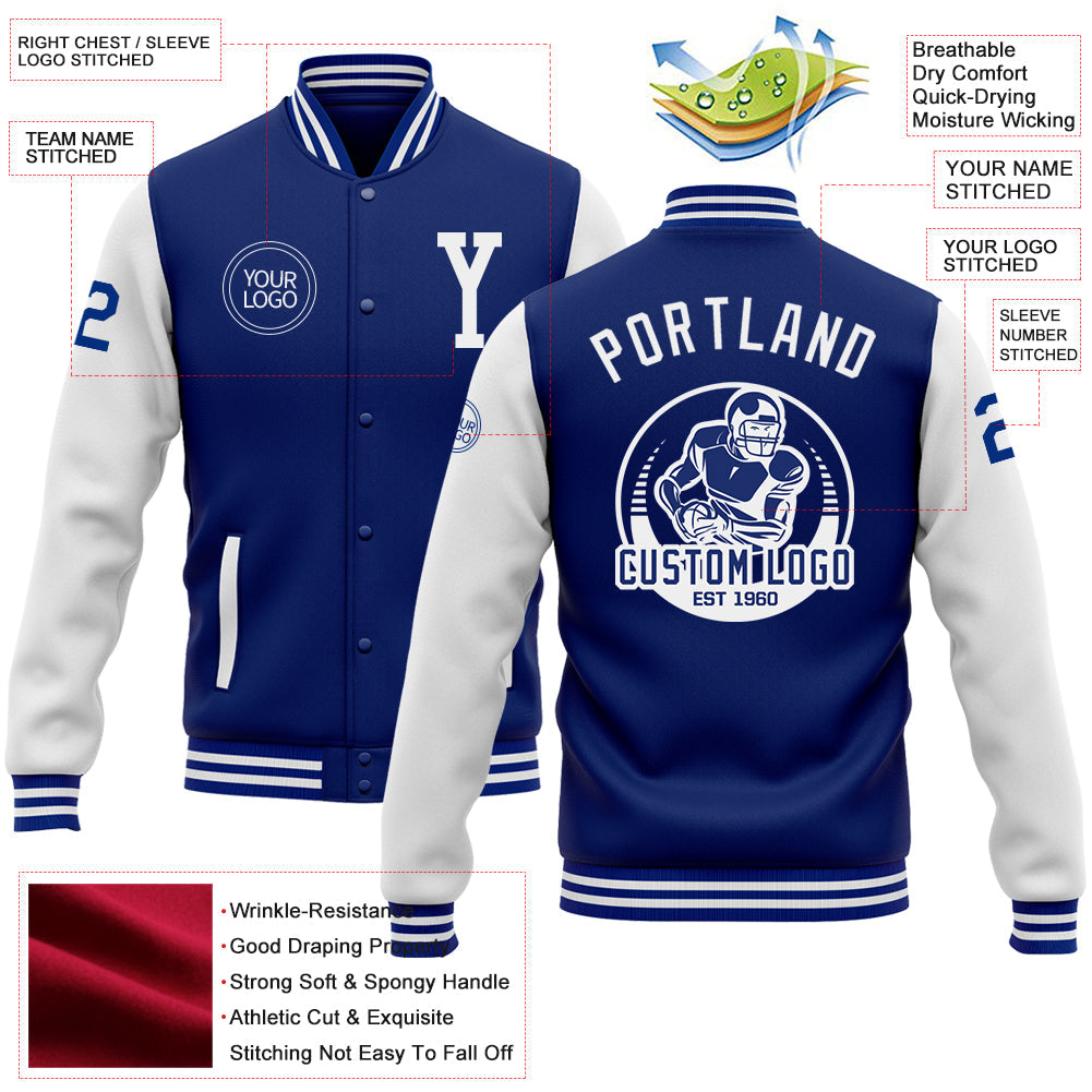 Custom Royal White Bomber Full-Snap Varsity Letterman Two Tone Jacket