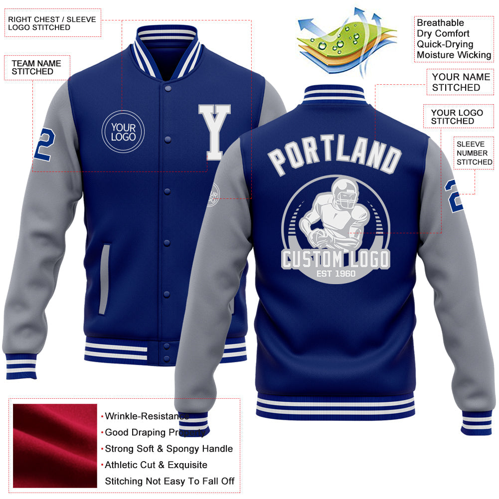 Custom Royal White-Gray Bomber Full-Snap Varsity Letterman Two Tone Jacket