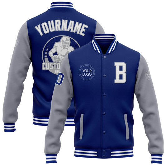 Custom Royal White-Gray Bomber Full-Snap Varsity Letterman Two Tone Jacket