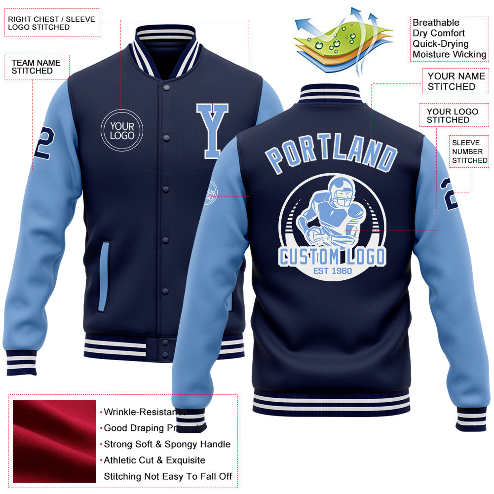 Custom Navy Light Blue-White Bomber Full-Snap Varsity Letterman Two Tone Jacket