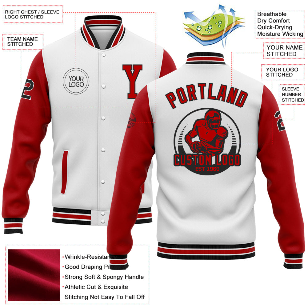 Custom White Red-Black Bomber Full-Snap Varsity Letterman Two Tone Jacket