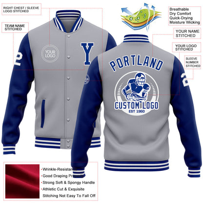 Custom Gray Royal-White Bomber Full-Snap Varsity Letterman Two Tone Jacket