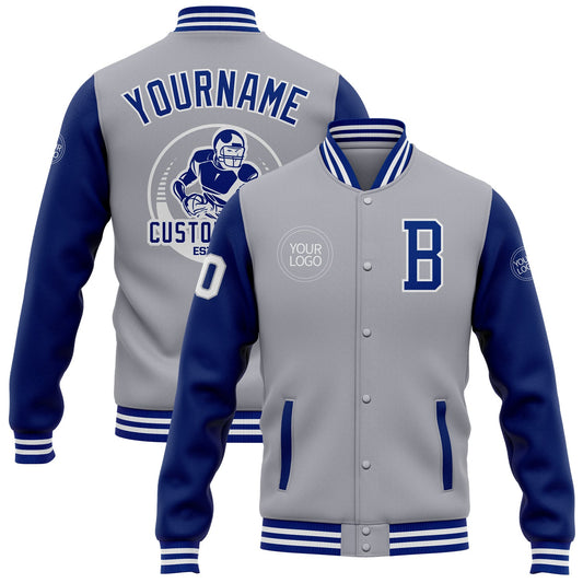 Custom Gray Royal-White Bomber Full-Snap Varsity Letterman Two Tone Jacket