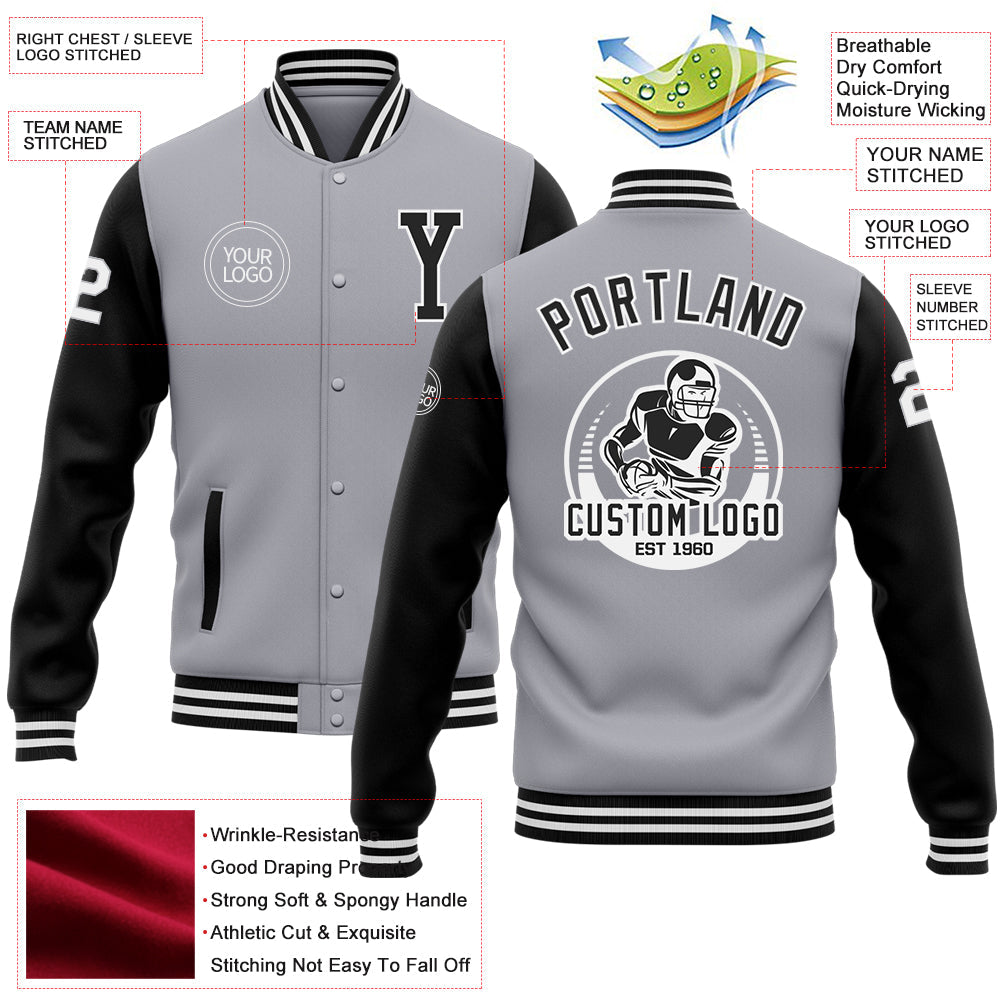 Custom Gray Black-White Bomber Full-Snap Varsity Letterman Two Tone Jacket