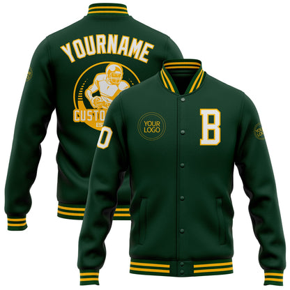 Custom Green White-Gold Bomber Full-Snap Varsity Letterman Jacket