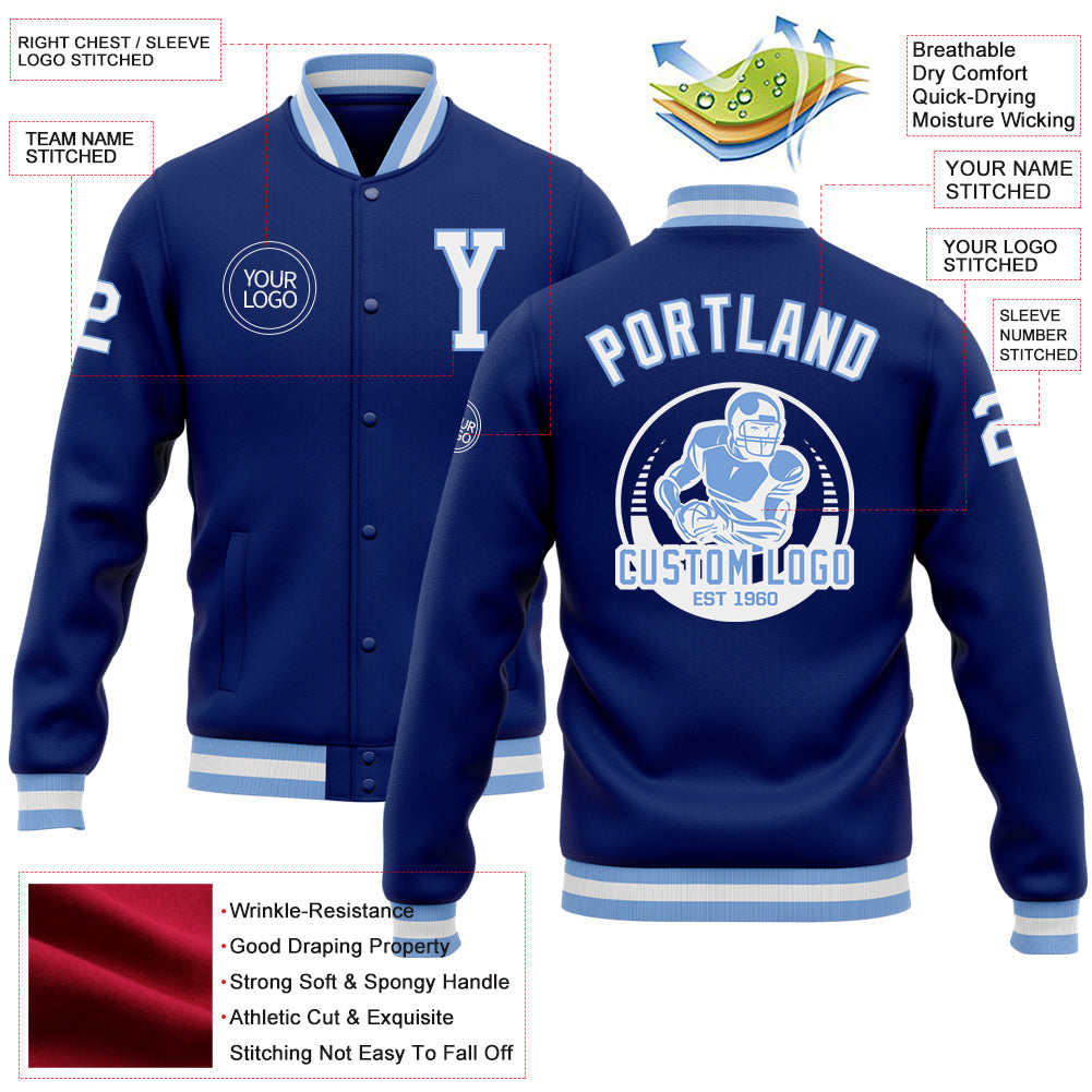 Custom Royal White-Light Blue Bomber Full-Snap Varsity Letterman Jacket