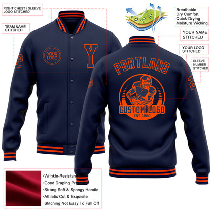 Custom Navy Orange Bomber Full-Snap Varsity Letterman Jacket