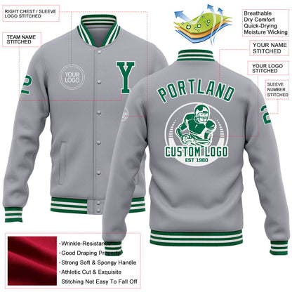 Custom Gray Kelly Green-White Bomber Full-Snap Varsity Letterman Jacket