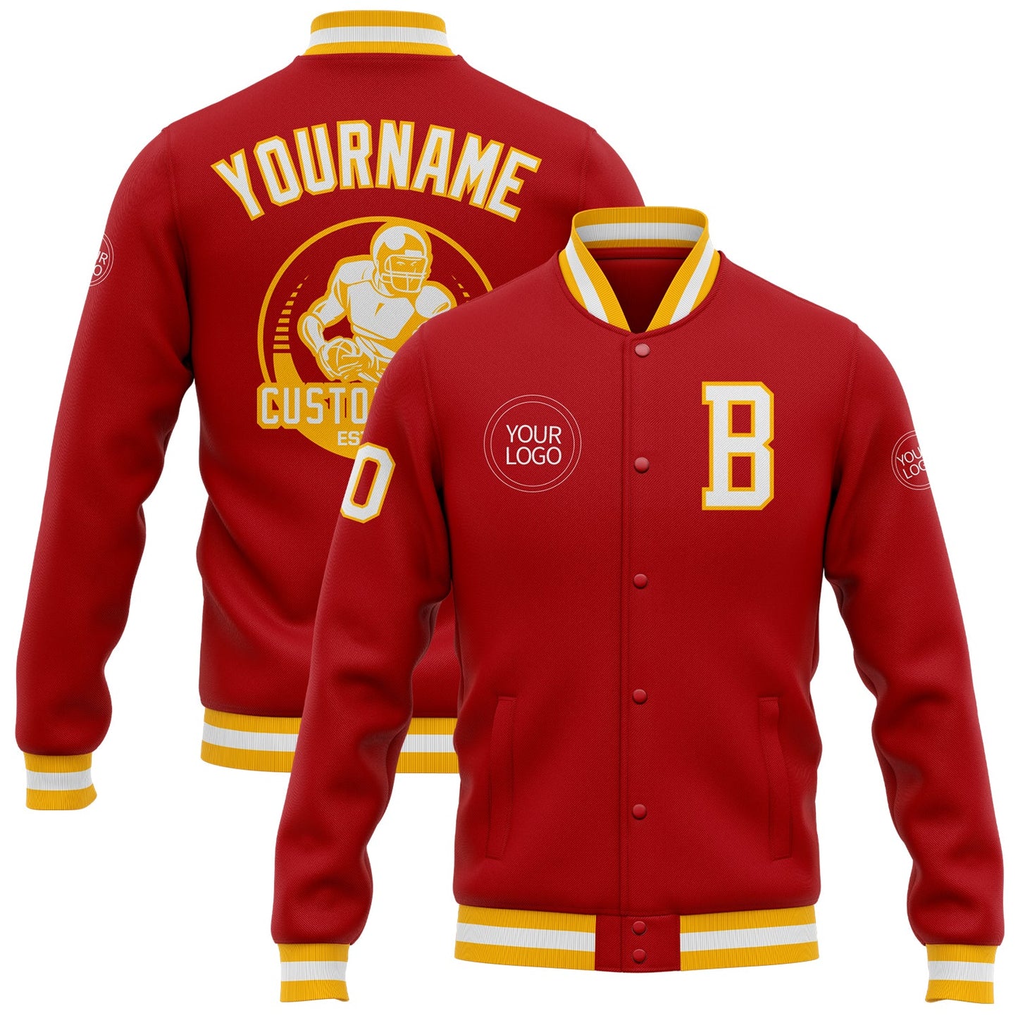 Custom Red White-Gold Bomber Full-Snap Varsity Letterman Jacket