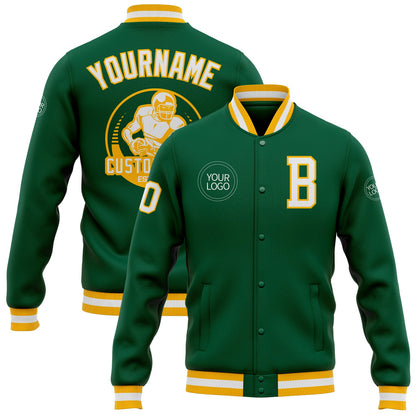 Custom Kelly Green White-Gold Bomber Full-Snap Varsity Letterman Jacket