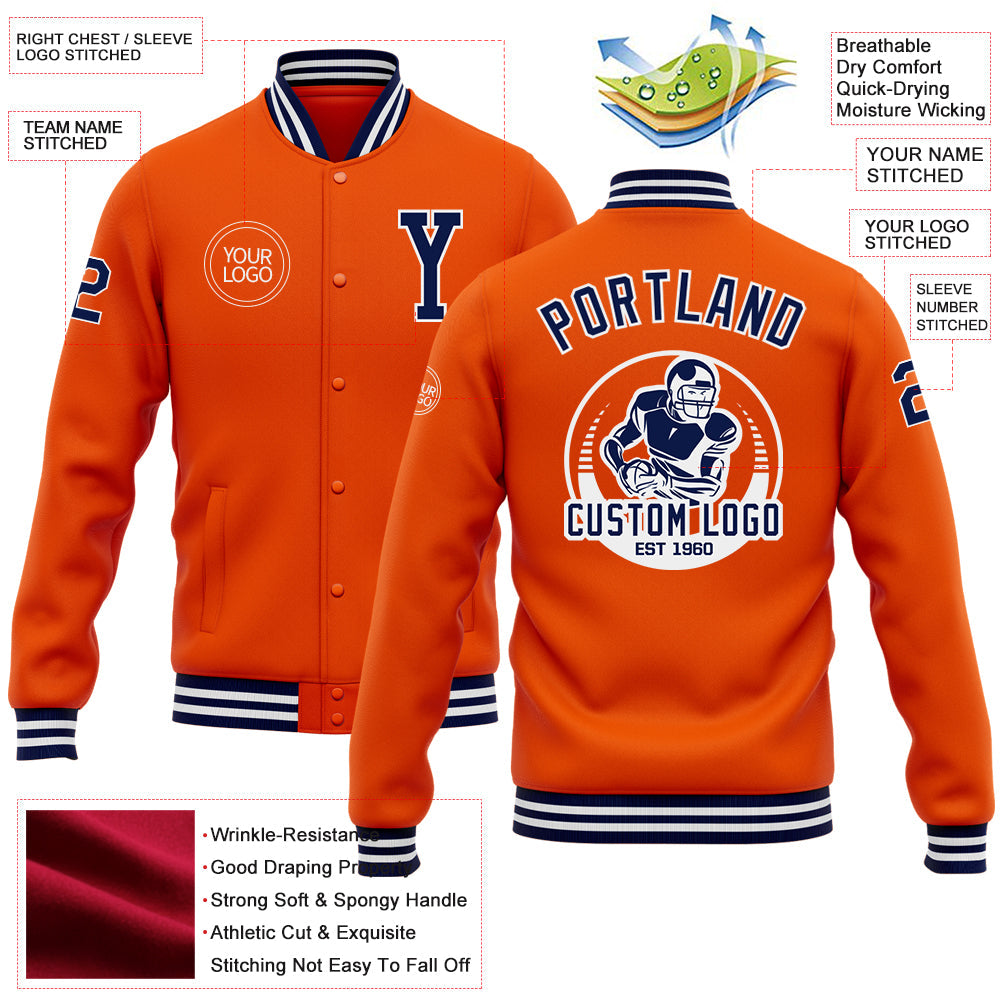 Custom Orange Navy-White Bomber Full-Snap Varsity Letterman Jacket