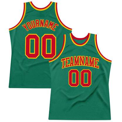 Custom Kelly Green Red-Gold Authentic Throwback Basketball Jersey