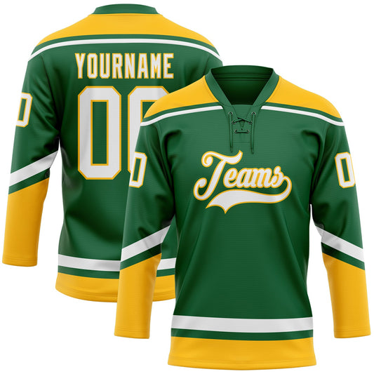Custom Kelly Green White-Gold Hockey Lace Neck Jersey