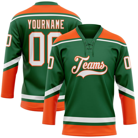 Custom Kelly Green White-Orange Hockey Lace Neck Jersey