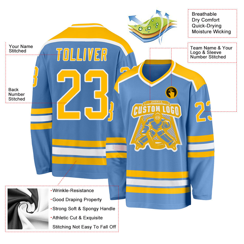 Custom Light Blue Gold-White Hockey Jersey