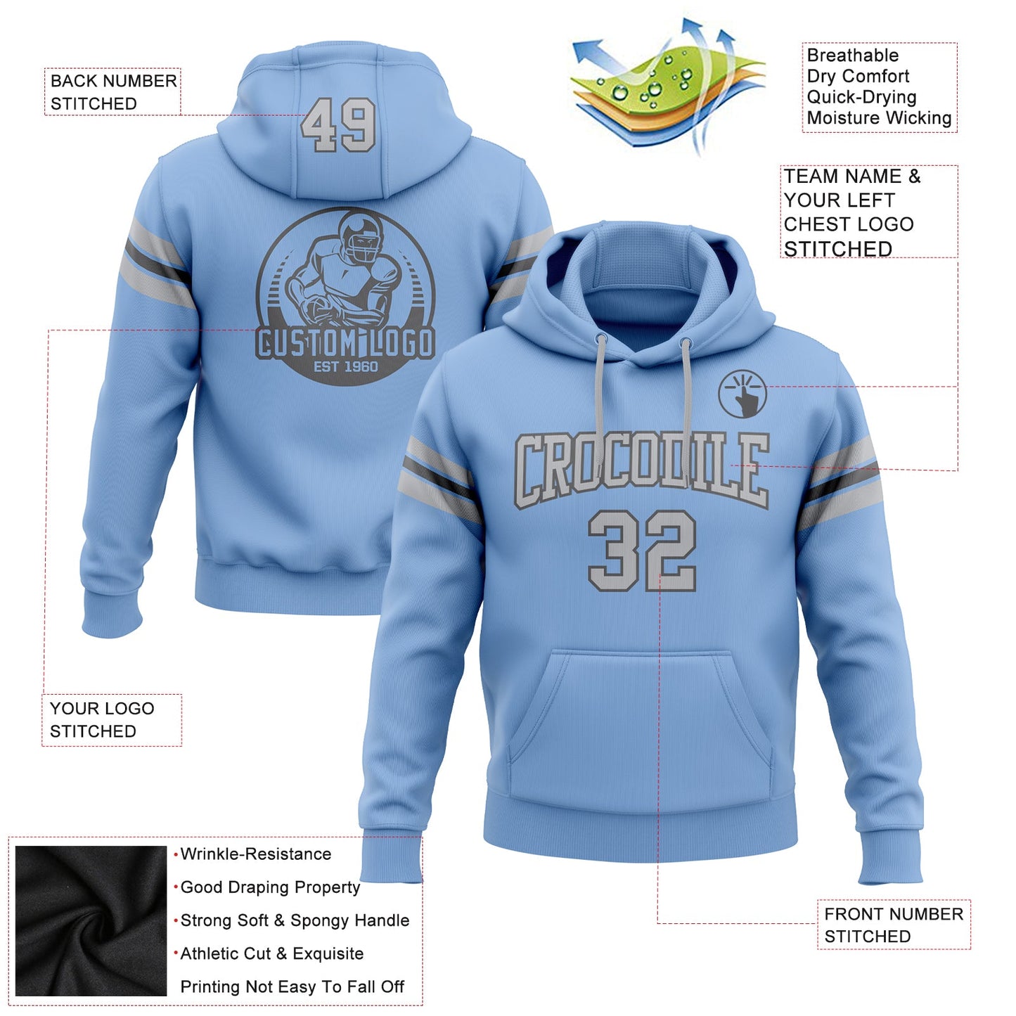 Custom Stitched Light Blue Gray-Steel Gray Football Pullover Sweatshirt Hoodie