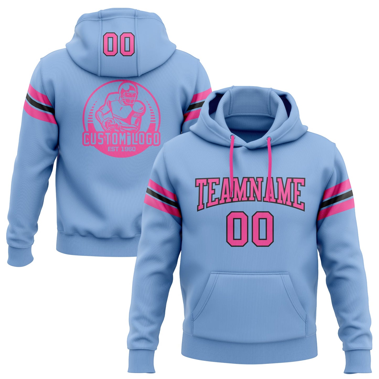 Custom Stitched Light Blue Pink-Black Football Pullover Sweatshirt Hoodie