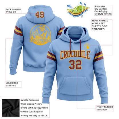 Custom Stitched Light Blue Burgundy-Gold Football Pullover Sweatshirt Hoodie