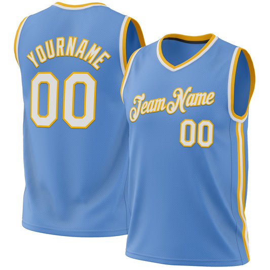 Custom Light Blue White-Gold Authentic Throwback Basketball Jersey