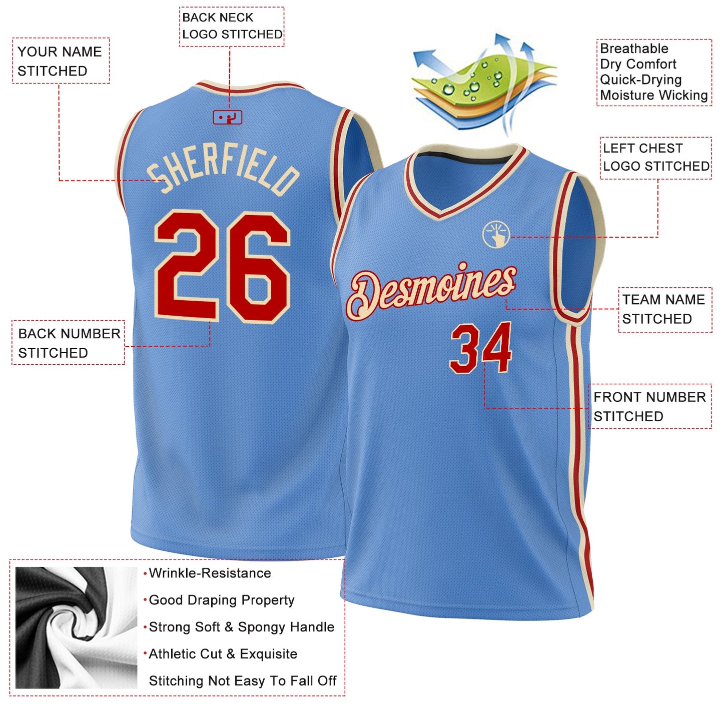 Custom Light Blue Red-Cream Authentic Throwback Basketball Jersey