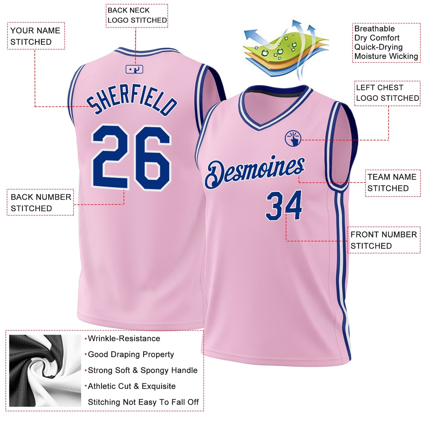 Custom Light Pink Royal-White Authentic Throwback Basketball Jersey