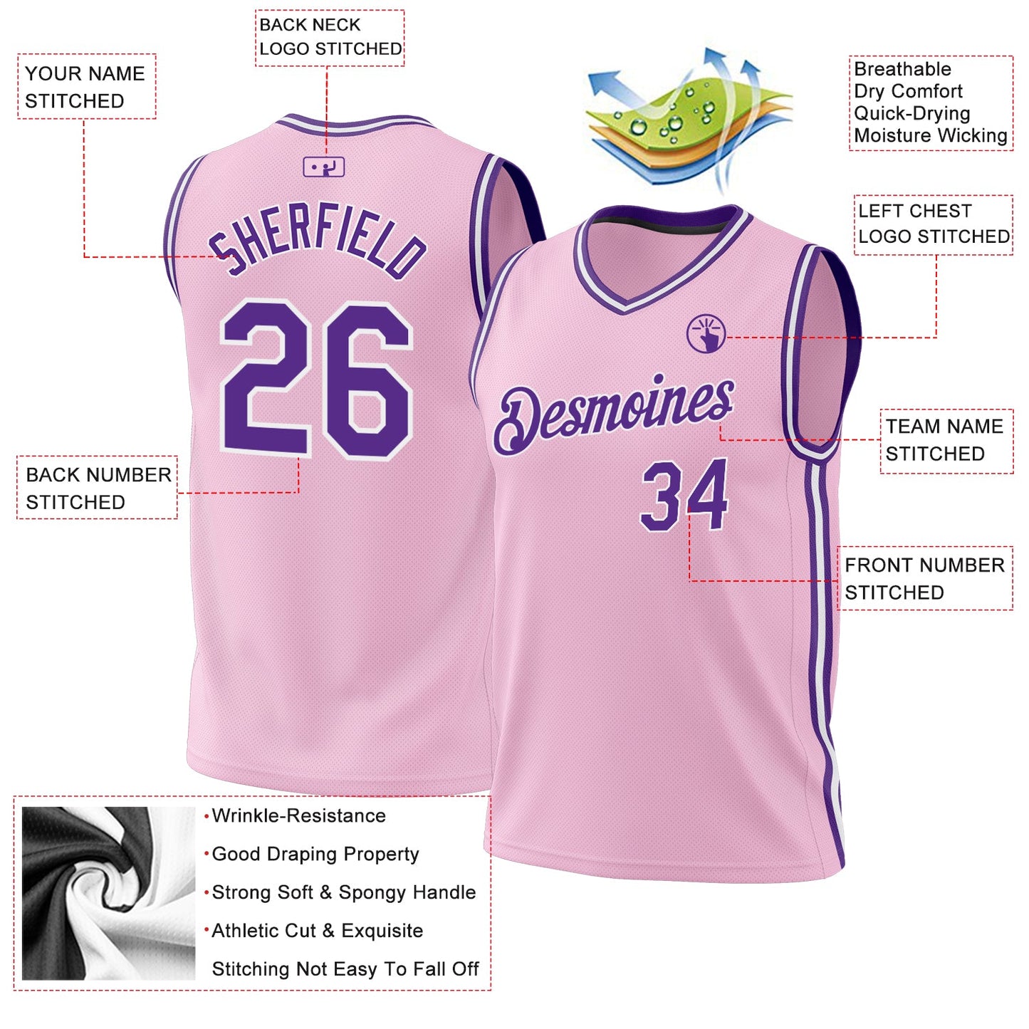 Custom Light Pink Purple-White Authentic Throwback Basketball Jersey