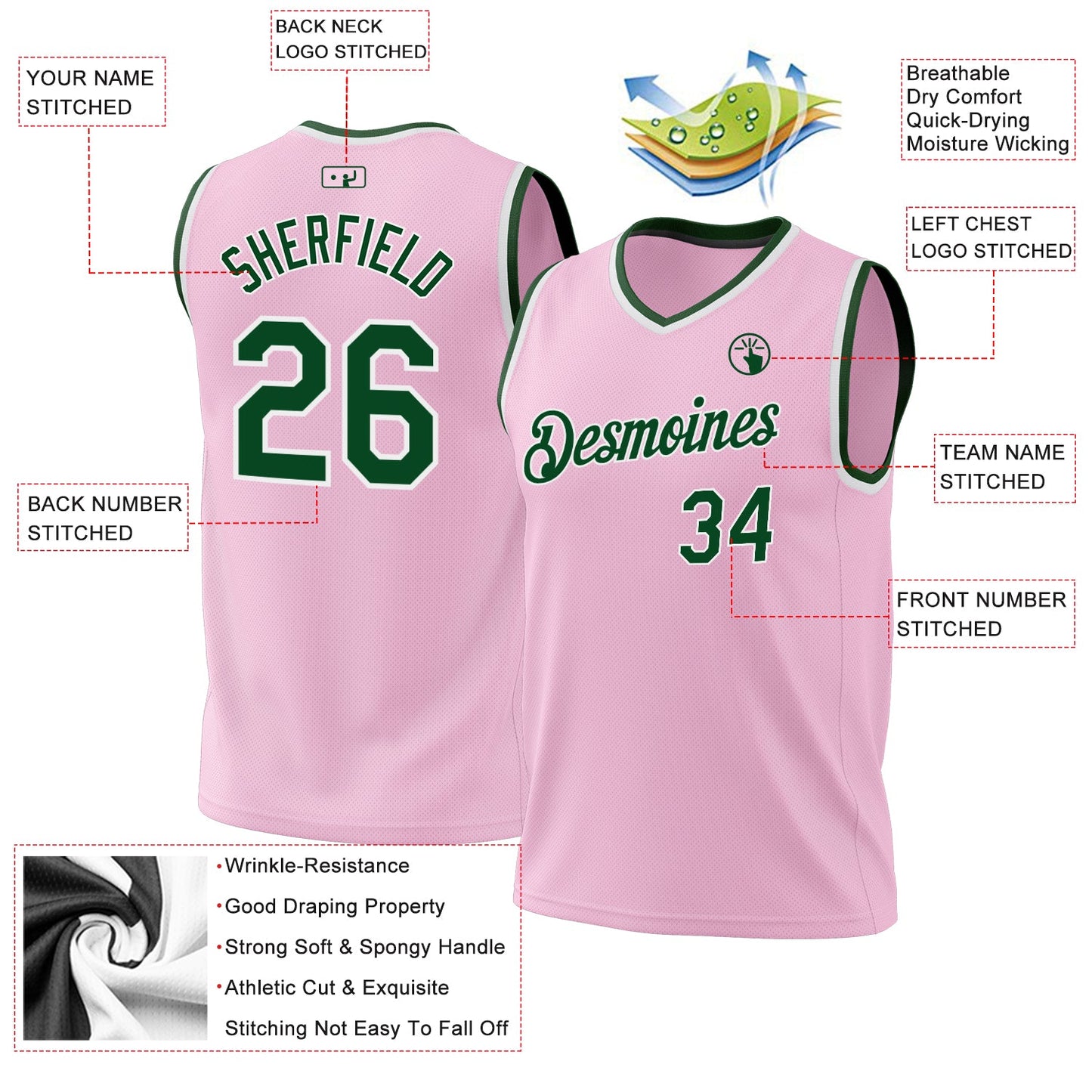 Custom Light Pink Green-White Authentic Throwback Basketball Jersey