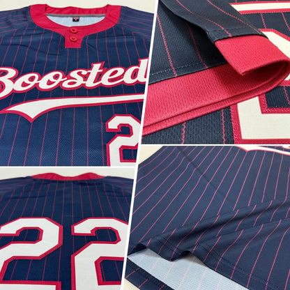 Custom Navy Crimson Pinstripe White Two-Button Unisex Softball Jersey