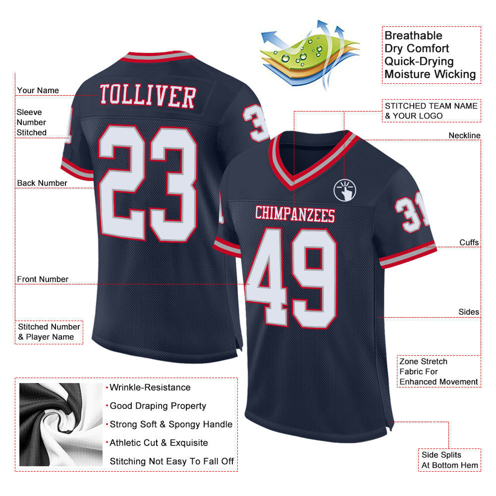 Custom Navy White-Gray Mesh Authentic Throwback Football Jersey