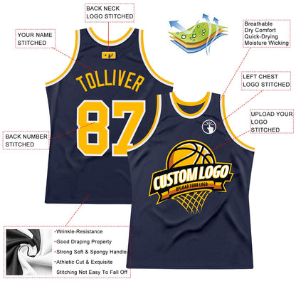 Custom Navy Gold-White Authentic Throwback Basketball Jersey