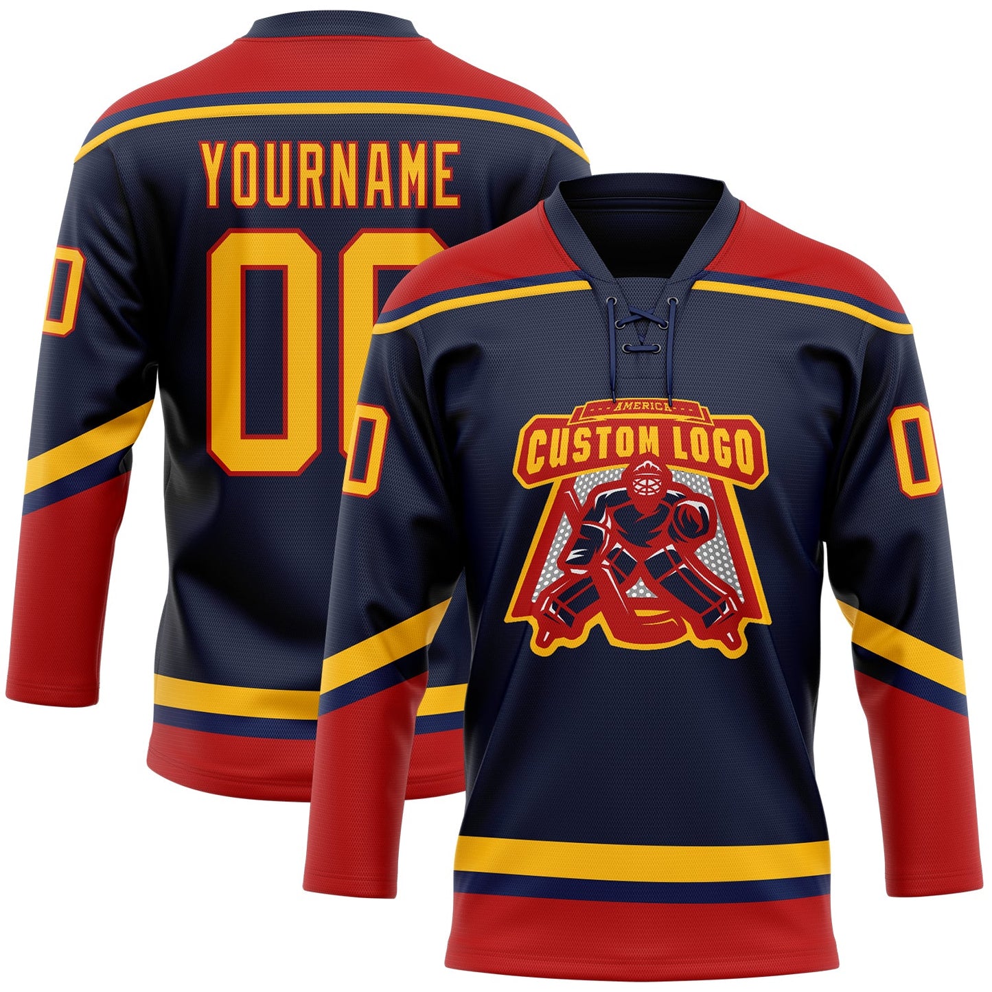 Custom Navy Gold-Red Hockey Lace Neck Jersey