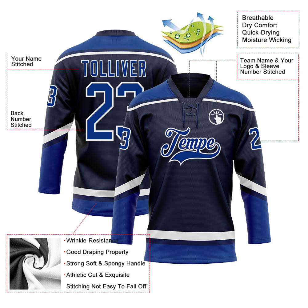 Custom Navy Royal-White Hockey Lace Neck Jersey