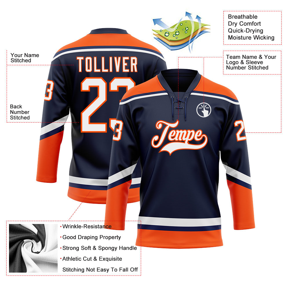 Custom Navy White-Orange Hockey Lace Neck Jersey