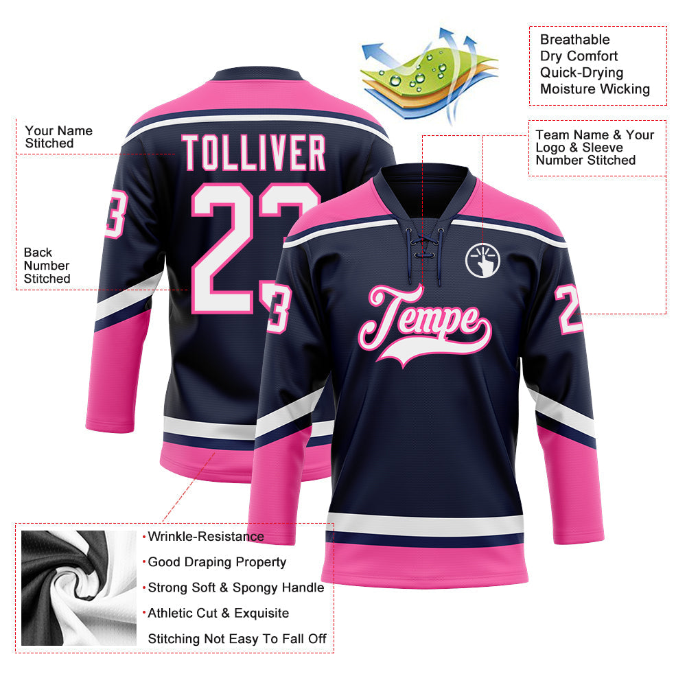 Custom Navy White-Pink Hockey Lace Neck Jersey