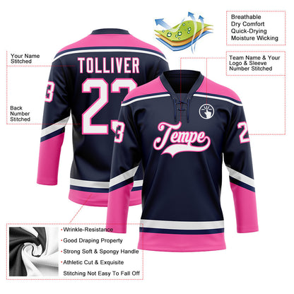 Custom Navy White-Pink Hockey Lace Neck Jersey