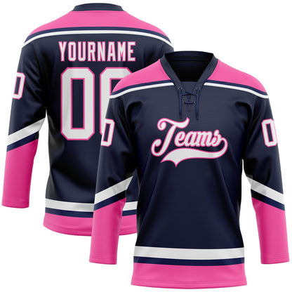 Custom Navy White-Pink Hockey Lace Neck Jersey