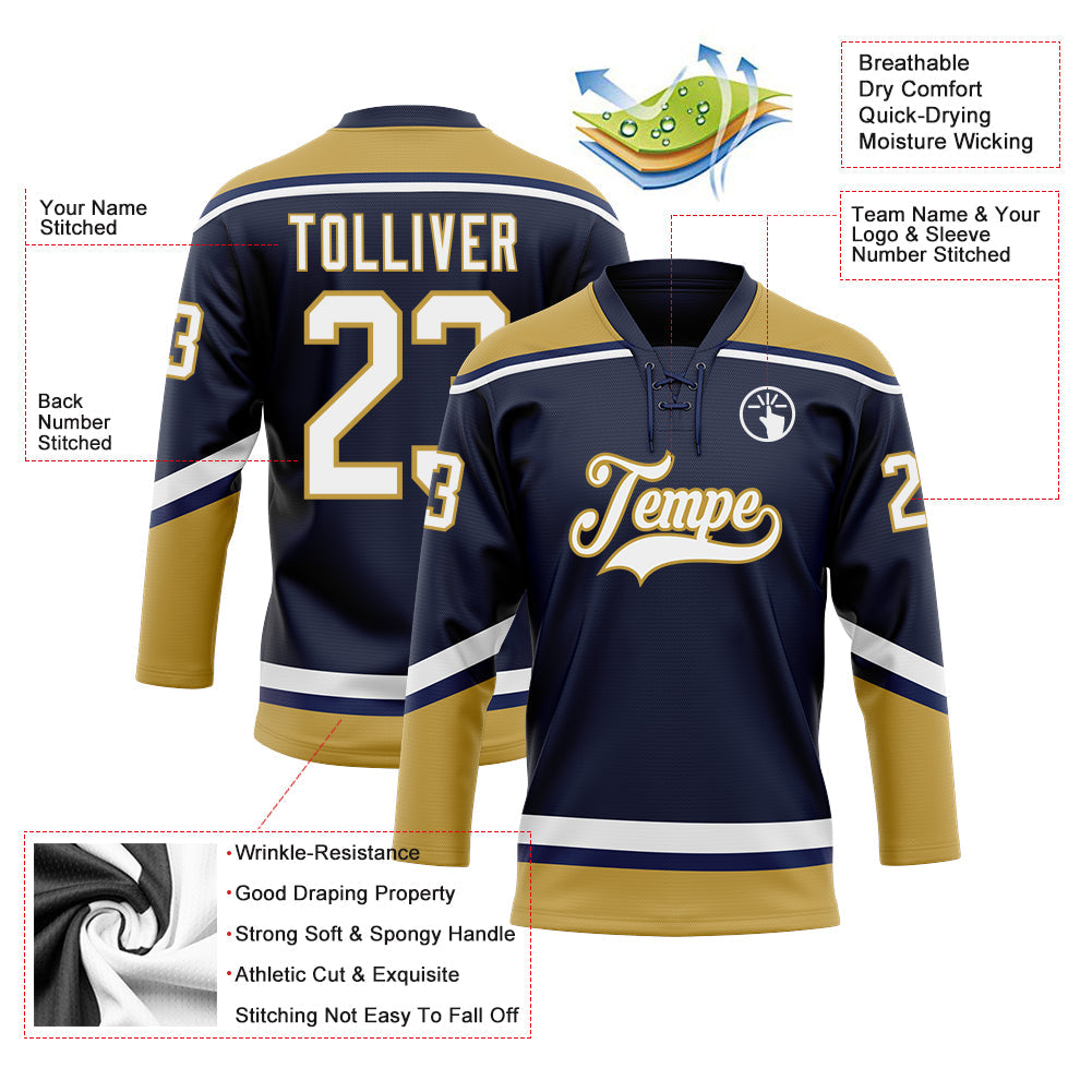 Custom Navy White-Old Gold Hockey Lace Neck Jersey