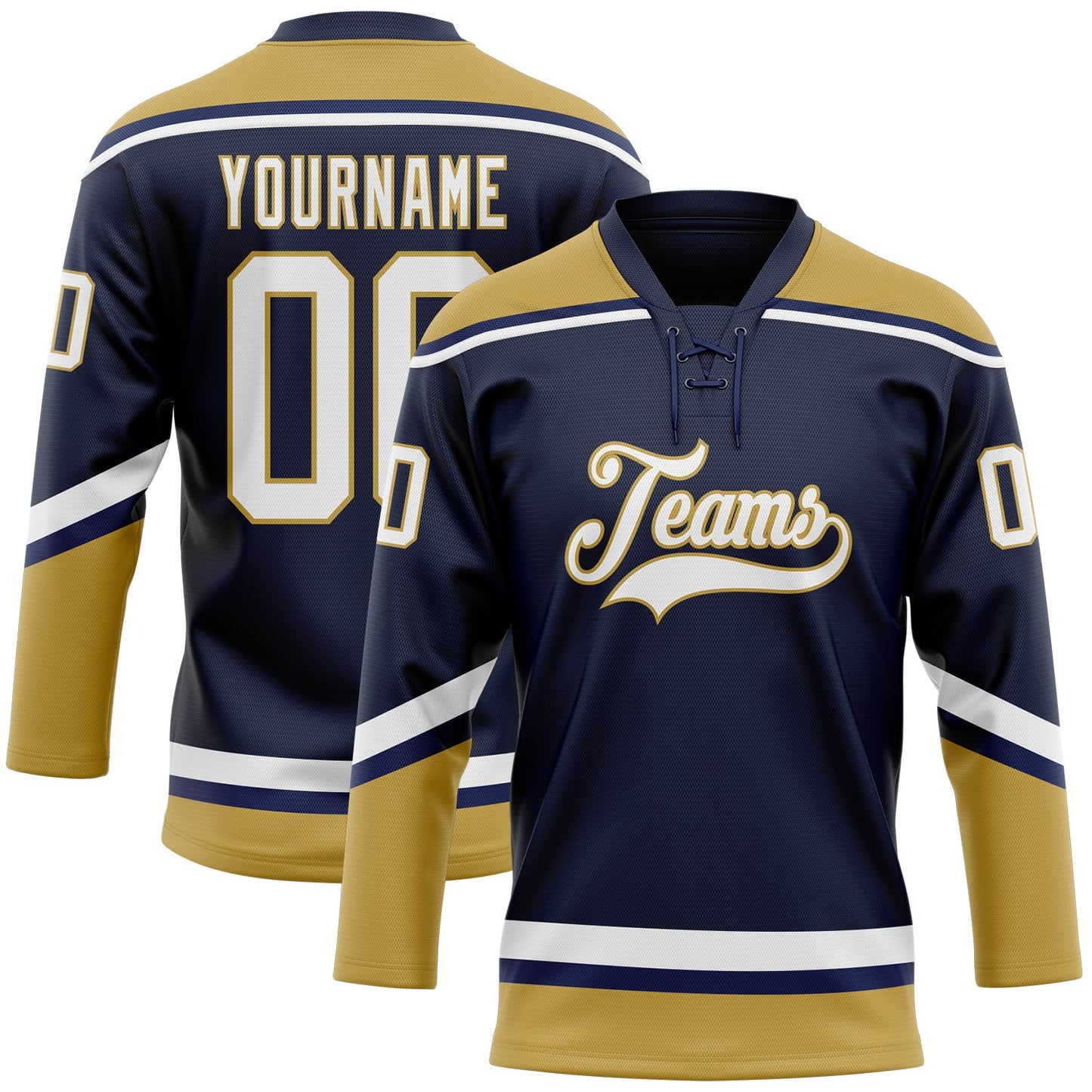 Custom Navy White-Old Gold Hockey Lace Neck Jersey