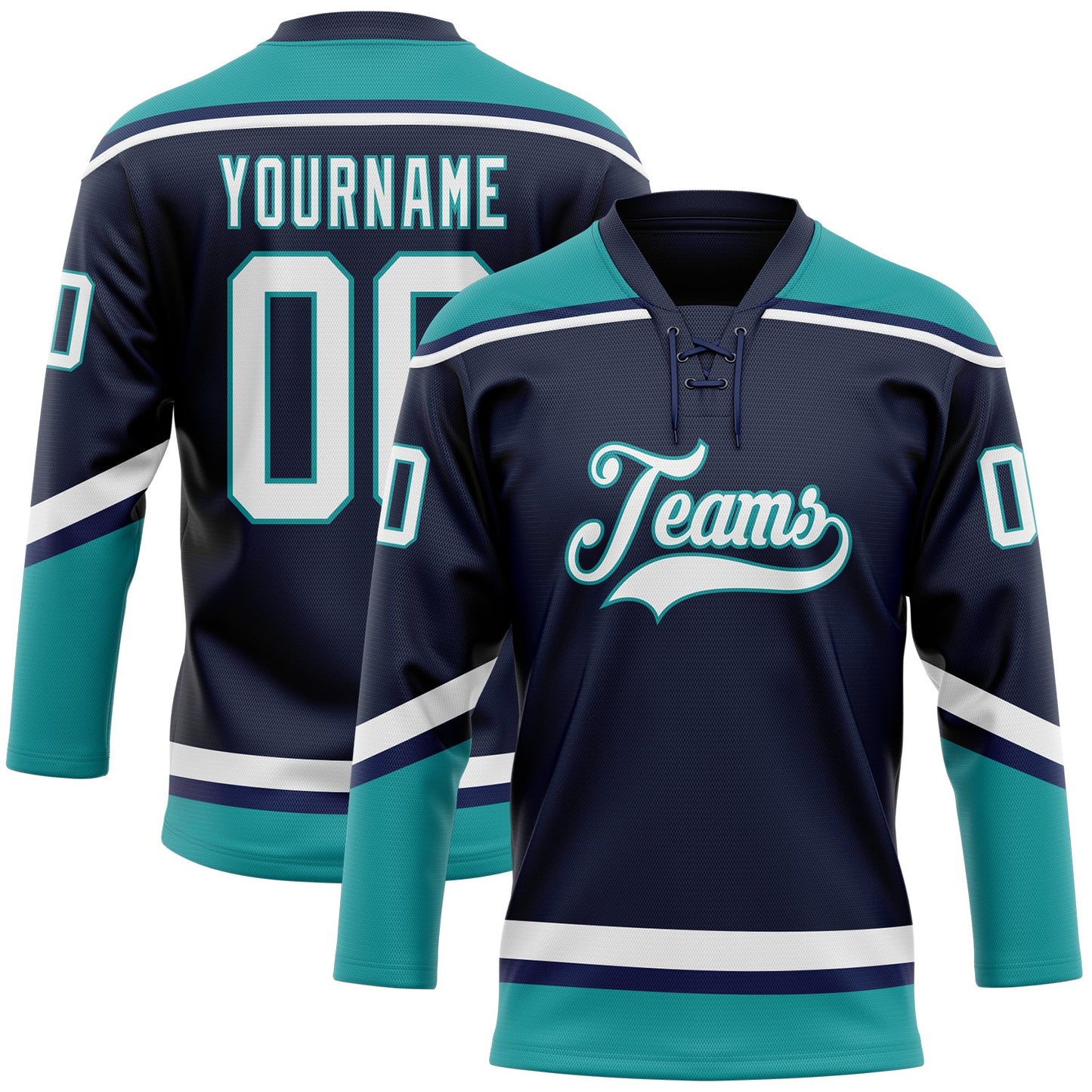 Custom Navy White-Teal Hockey Lace Neck Jersey