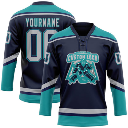 Custom Navy Gray-Teal Hockey Lace Neck Jersey