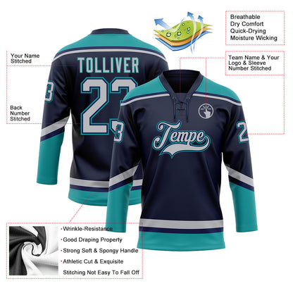 Custom Navy Gray-Teal Hockey Lace Neck Jersey