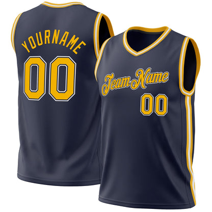 Custom Navy Gold-White Authentic Throwback Basketball Jersey