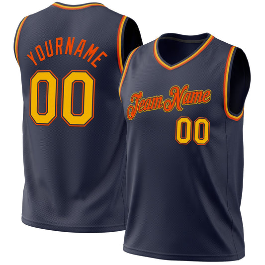 Custom Navy Gold-Orange Authentic Throwback Basketball Jersey