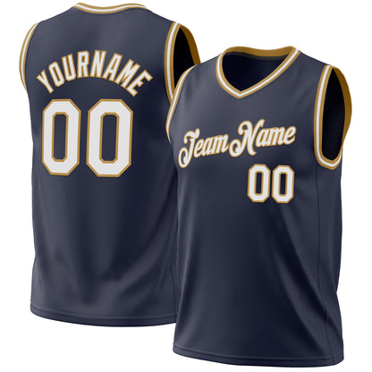 Custom Navy White-Old Gold Authentic Throwback Basketball Jersey