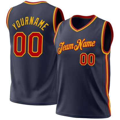 Custom Navy Red-Gold Authentic Throwback Basketball Jersey