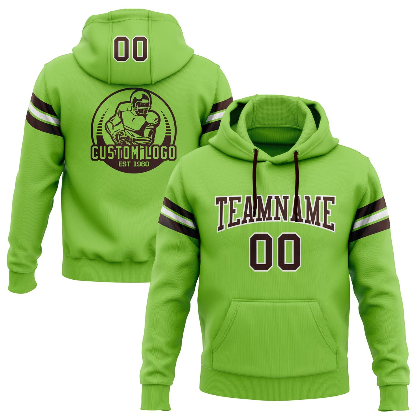 Custom Stitched Neon Green Brown-White Football Pullover Sweatshirt Hoodie