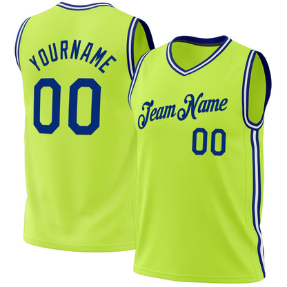 Custom Neon Green Royal-White Authentic Throwback Basketball Jersey