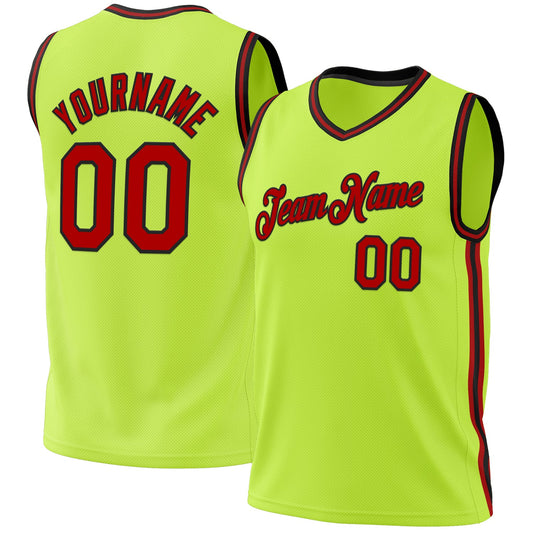 Custom Neon Green Red-Black Authentic Throwback Basketball Jersey