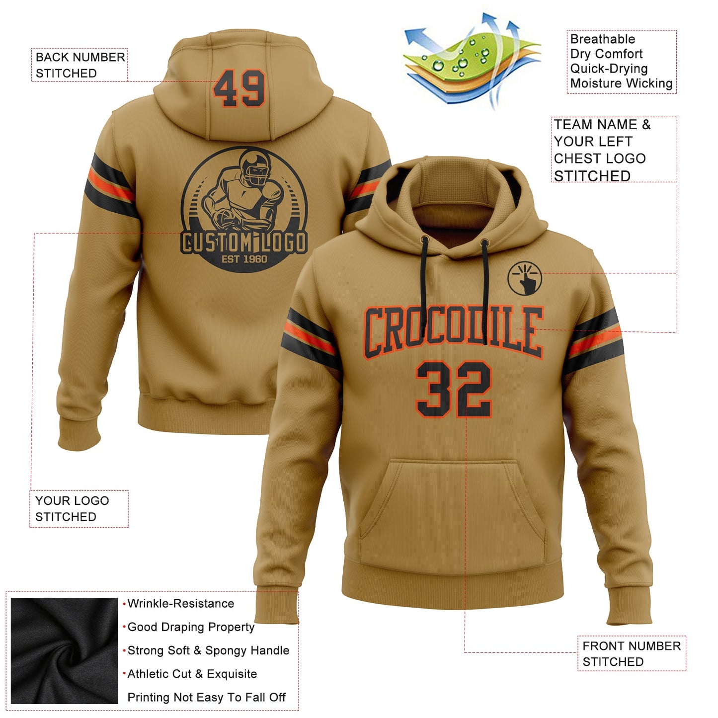 Custom Stitched Old Gold Black-Orange Football Pullover Sweatshirt Hoodie